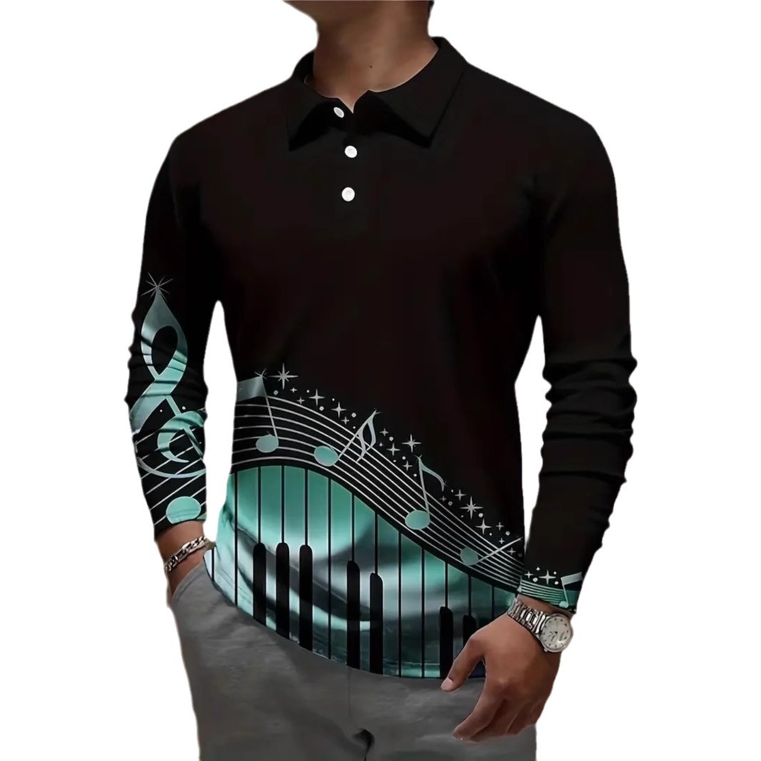 Europa y América venta caliente transfronteriza arte notas coloridas impresión 3D hombres primavera y otoño negocios sueltos botones de manga larga camisa POLO