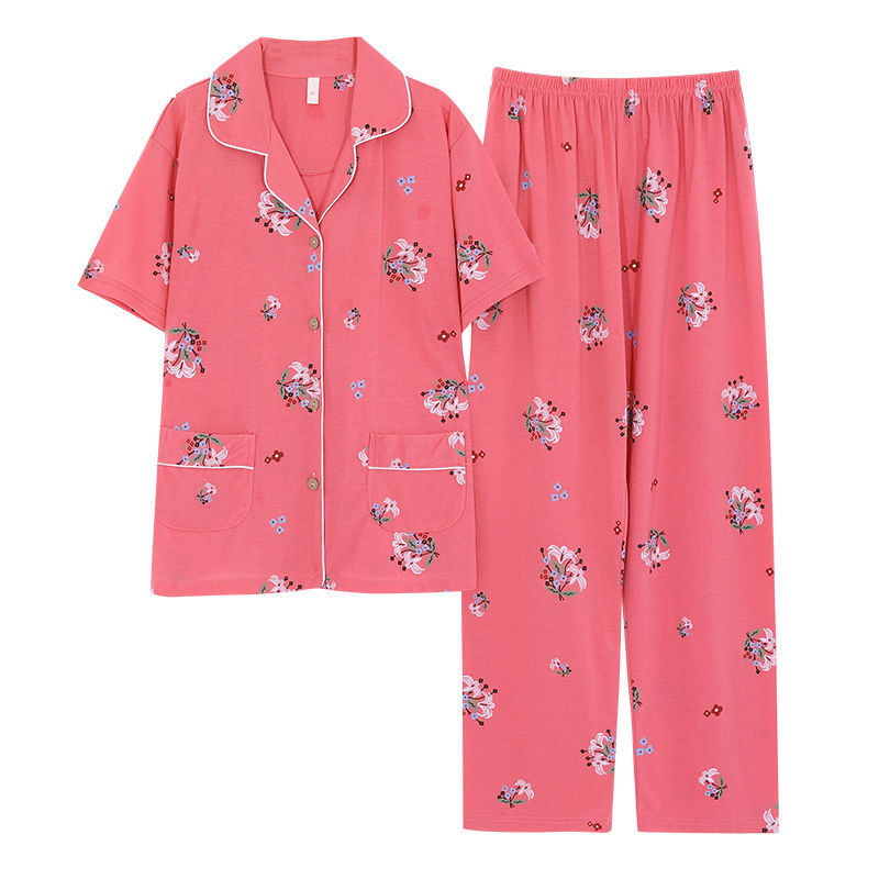 Pijama de algodón para mujer Pantalones de manga corta de verano más traje de chaqueta de mediana edad y madres de edad avanzada