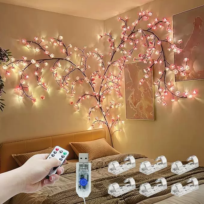 带遥控LED樱花树形藤条壁挂灯8种照明闪烁模式适用于卧室室内圣诞