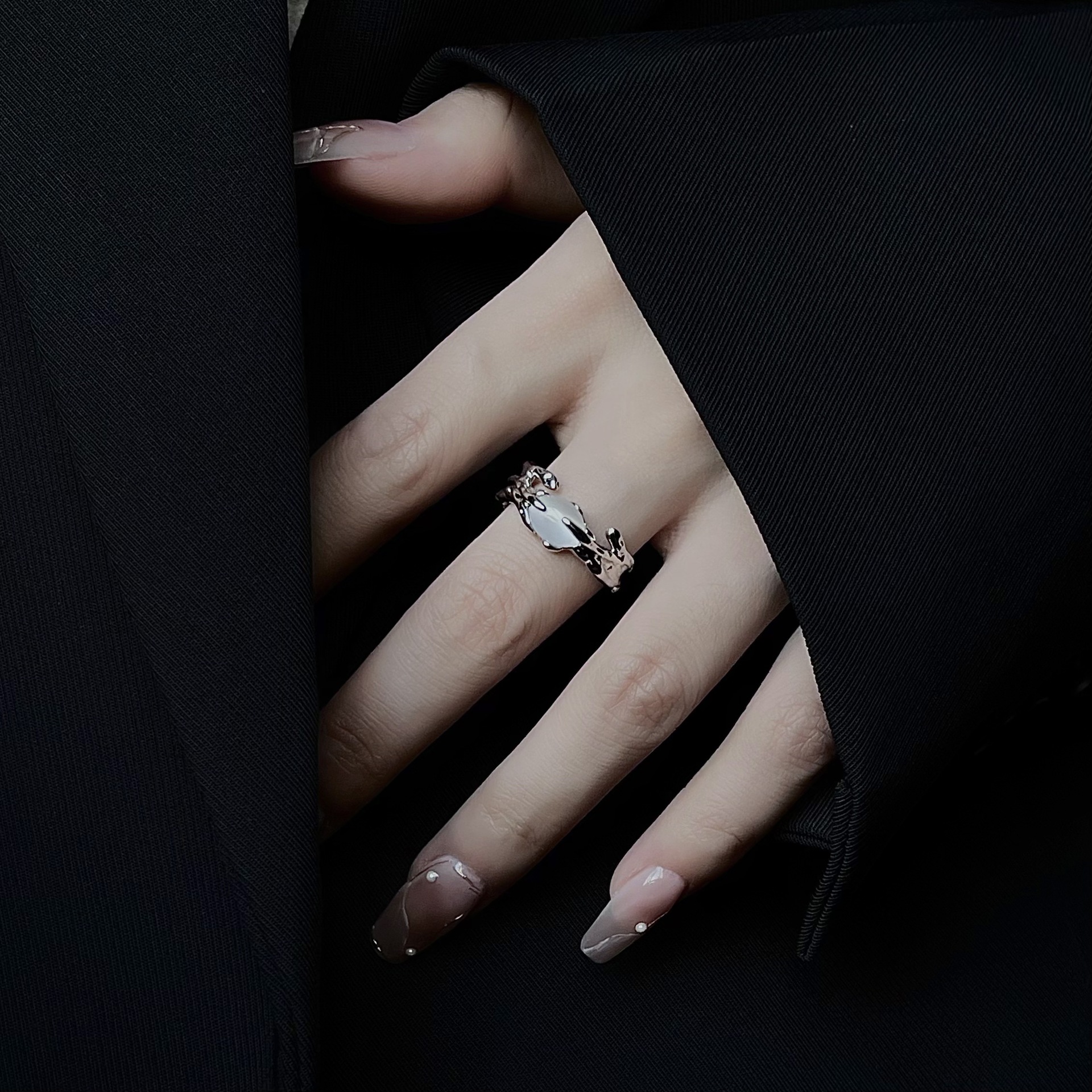 Cold Moon Shadow | Pure Silver Moonlight Stone Ring niche design and a neutral style, adjustable with an open mouth_voghion.com