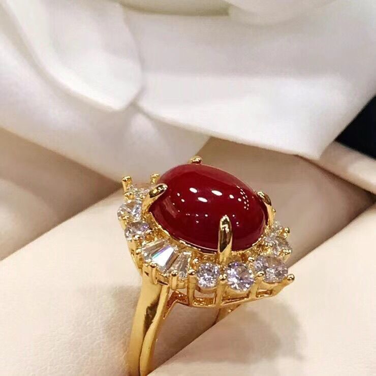 Anillo de coral de 18k de diamantes hechos a mano, anillo de moda chapado en oro, tendencia de madres, ventas calientes.