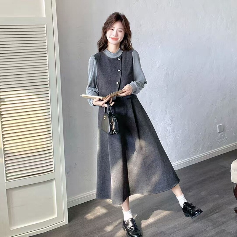 European and American cross-border Amazon plus-size long dress for women, faux two-piece, petite French-style slimming dress