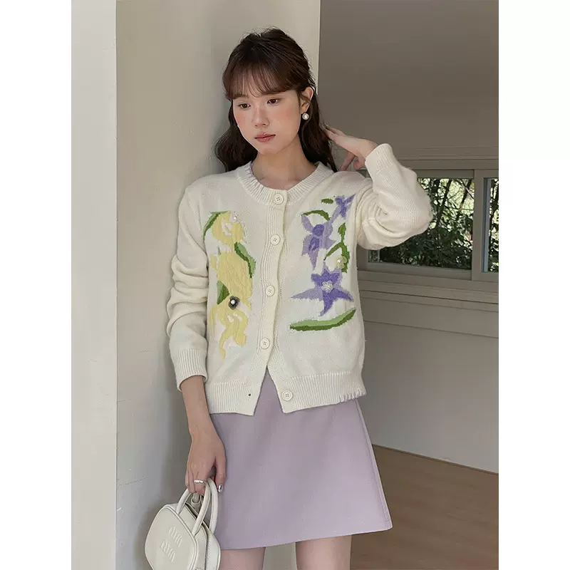 【歌铭】设计感花卉提花毛针织开衫女春季新款韩系通勤毛衣Y8782F
