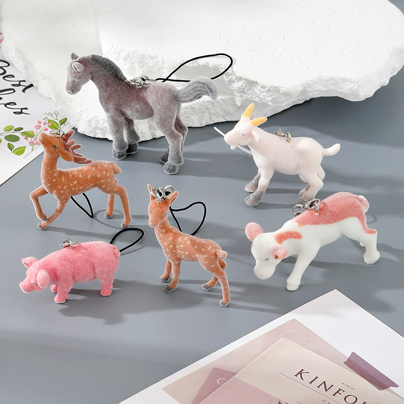 Flocked Resin Animal Keychain Elk Pony Plush Mobile Phone Chain Pendant Fun Cartoon Cute Cross-Border Jewelry