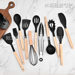 メーカーシリカゲル調理器具12点セット木柄調理器具キッチンシリカゲル調理器具セットシリカゲルシャベルスプーン収納桶付き