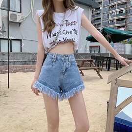 外贸女装2023夏装新款流苏毛边高腰牛仔裤女显瘦阔腿热裤牛仔短裤