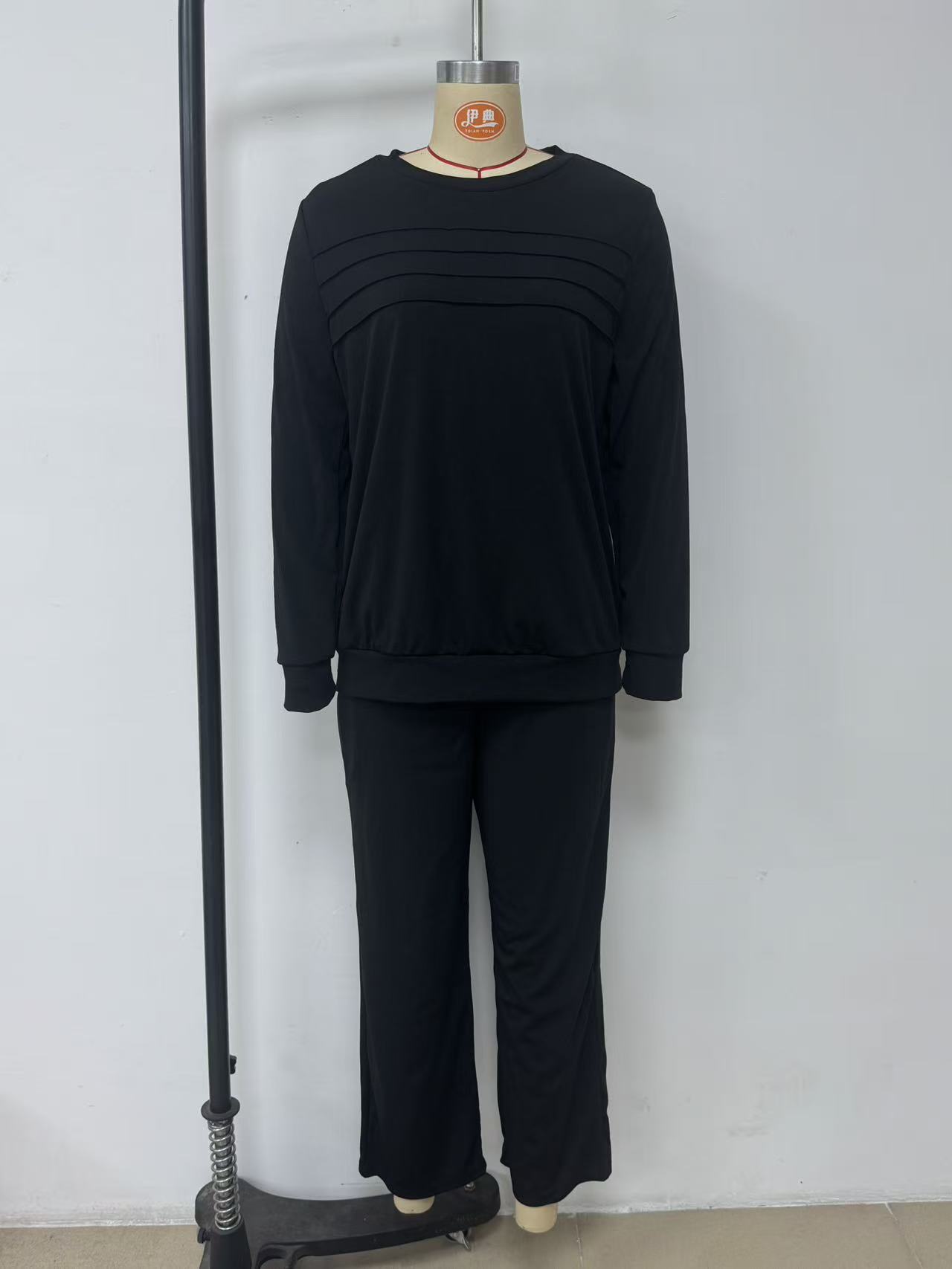 Women's Autumnal European American Style Long Sleeve Round Neck Top And Wide Leg Pants Set Casual Elastic Waist_ecoleips.com