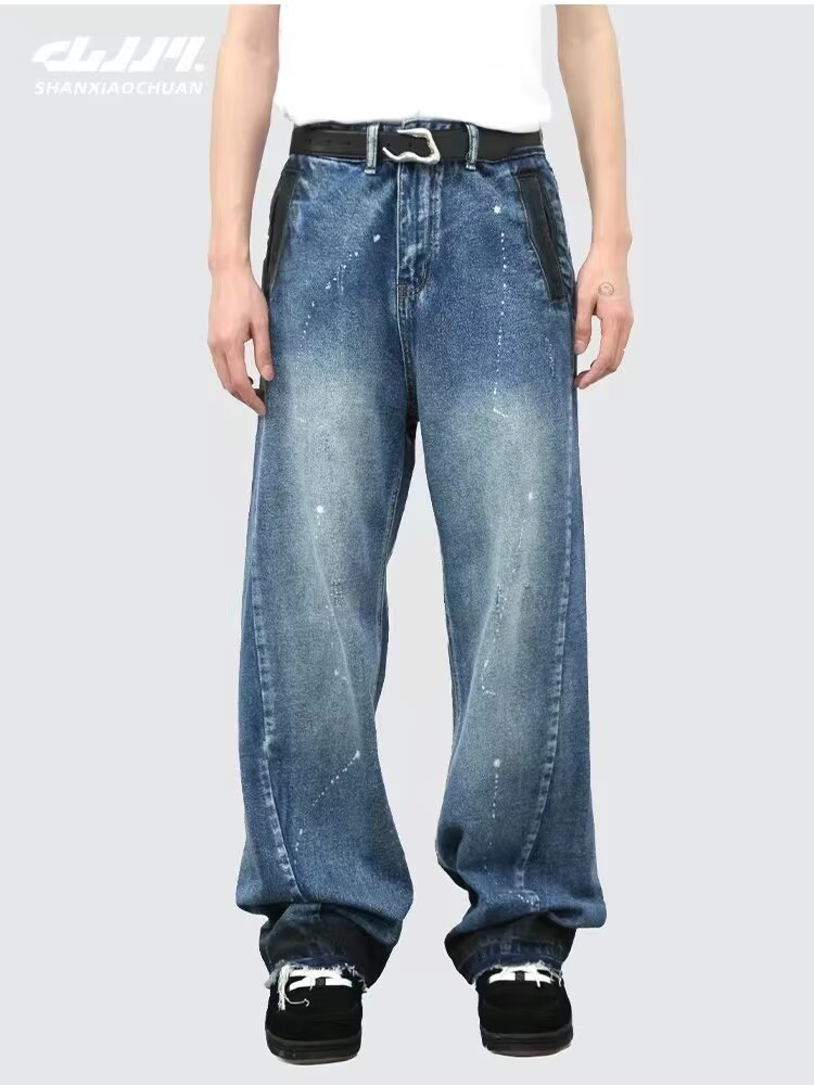 Men's Oversized Relaxed Fit Jeans Streetwear Splatter Wash Vintage Blue Paint Effect Denim (XS-3XL)_mkmklike.com
