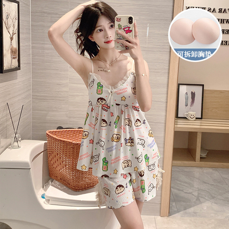 2024 verano nuevo pijama mujer tejido nubes de algodón cinturón cojín de pecho cabina niña dulce y fresco conjunto de ropa para el hogar