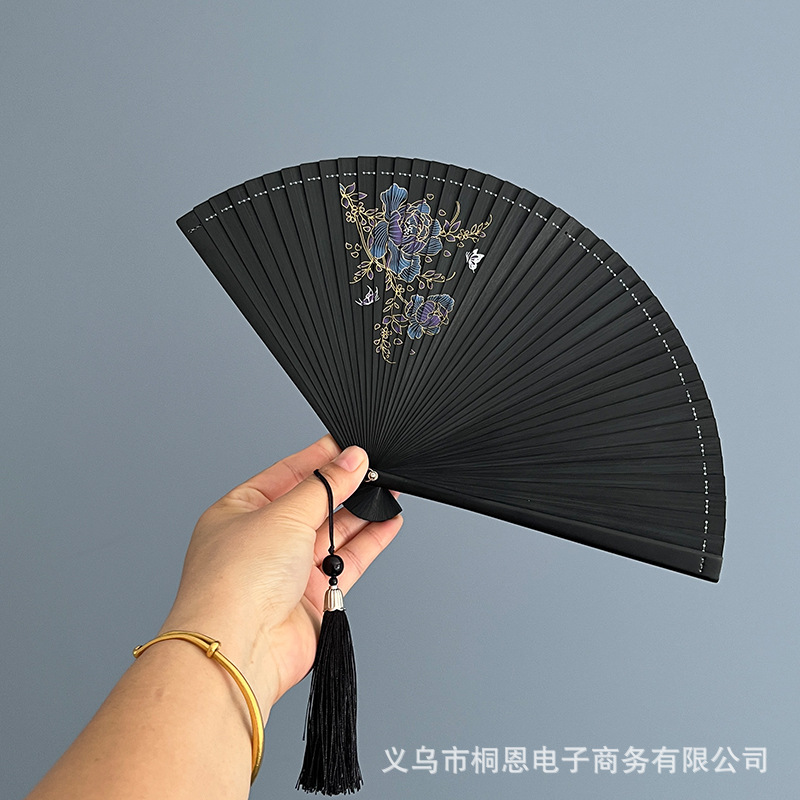 全竹折扇古風扇子中国風女性古典小柄なダンス扇子黒いハスの花の夏に折り畳み扇を持ち歩く|undefined