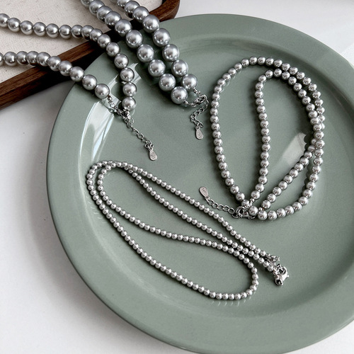 Silver gray 616# perfect round pearl necklace, hemp colored niche clavicle necklace,  new trendy accessories