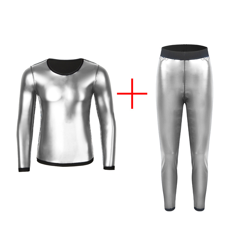 Men's Shapewear Sweat-Proof Silver-Coated Pu Bodysuit Sauna Suit Tummy Control Sports Top Corset Long-Sleeve Set