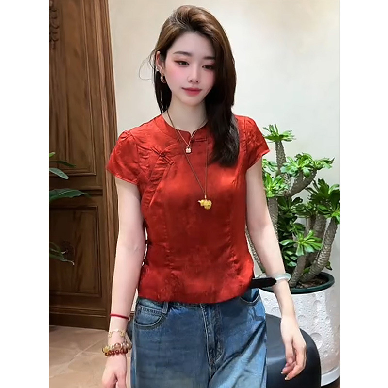 新中式气质红色短袖衬衫女装2025夏季新款百搭显瘦贵气感国风上衣|undefined
