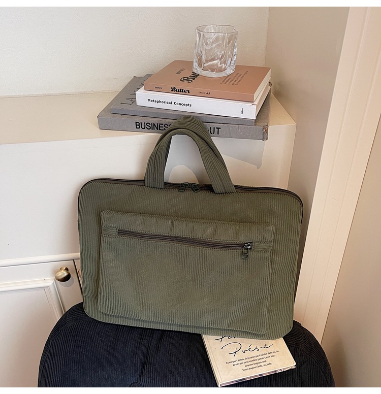 ng2510227 Bolsa feminina de veludo cotelê de 14 polegadas, modelo maleta simples e elegante para uso diário, ideal para notebooks e laptops._voghion.com