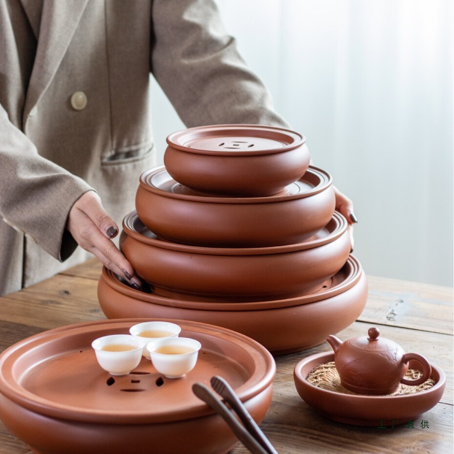 手拉原矿紫砂朱泥茶盘茶船壶承工夫茶圆形中式储水茶台茶具茶室无