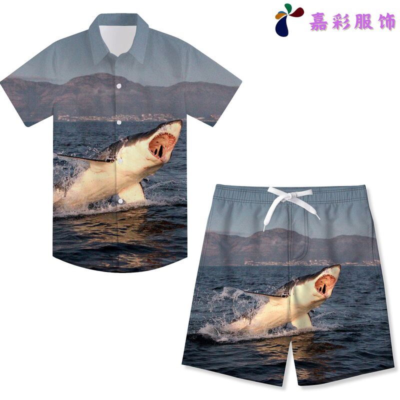 Foreign Trade 3D Digital Printing Children's Summer Shark Polo Shirt Shorts Beach Pants Cross-border Casual Shirt Two-piece Set