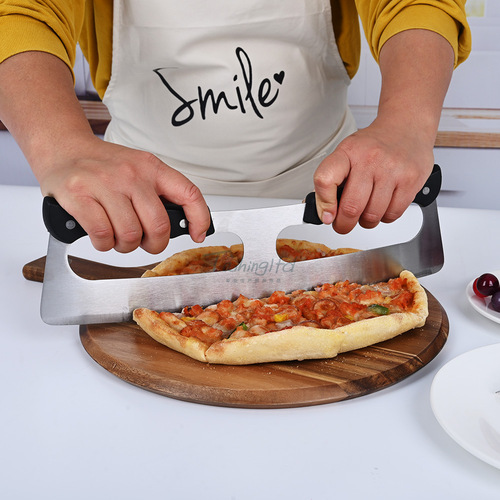 New upgraded pizza cutter stainless steel pizza machete double handle rocker nougat pancake cutter tool
