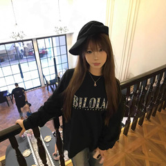 胖mm美式高街纯棉黑色大码长袖t恤女春秋宽松慵懒风打底衫上衣潮