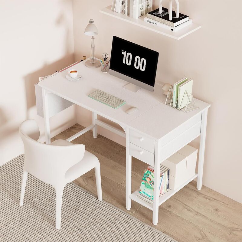 White Small Desk with Drawer Computer Desk Small Space Home Office Modern Minimalist Study Writing Desk