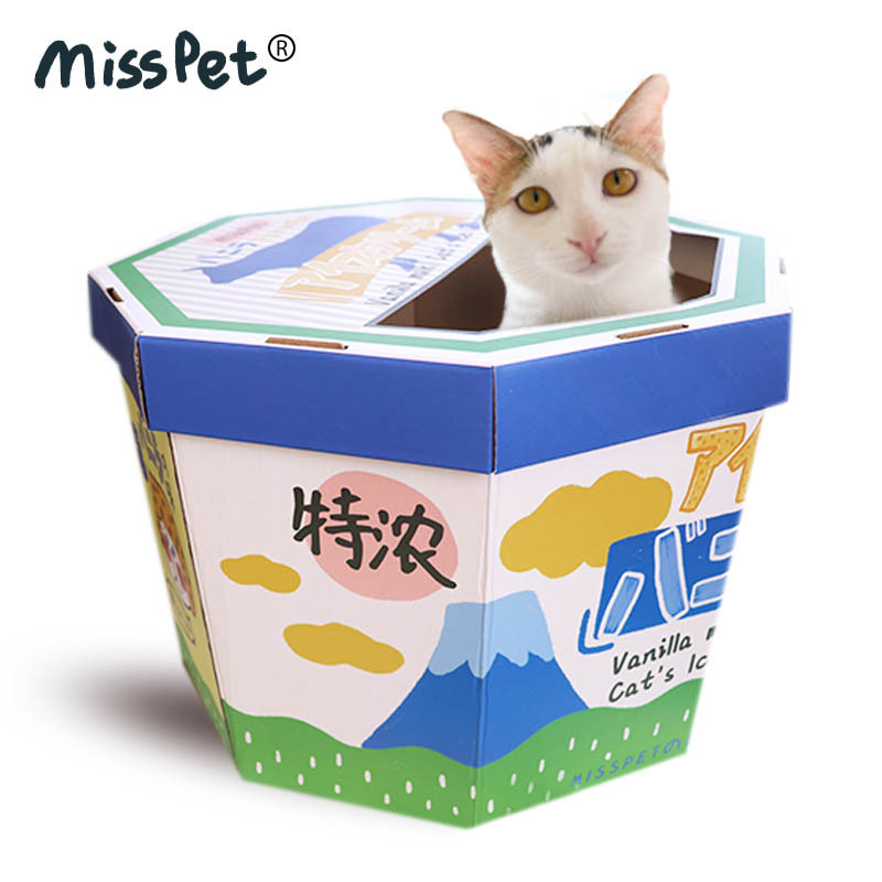 廠家直供MISSPET冰淇淋盒貓抓板貓玩具遊樂園磨抓器貓窩瓦楞紙