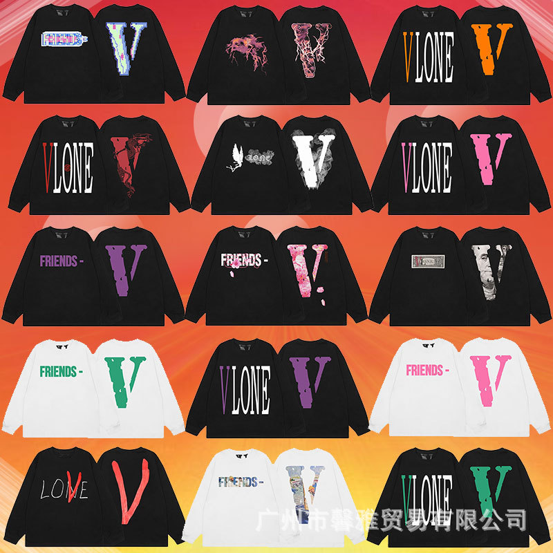 Vlone Fog Pixel Cherry Blossom Pink Large V Letter Heavyweight Long-Sleeve T-Shirt Crew Neck Sweatshirt Base Shirt Trendy