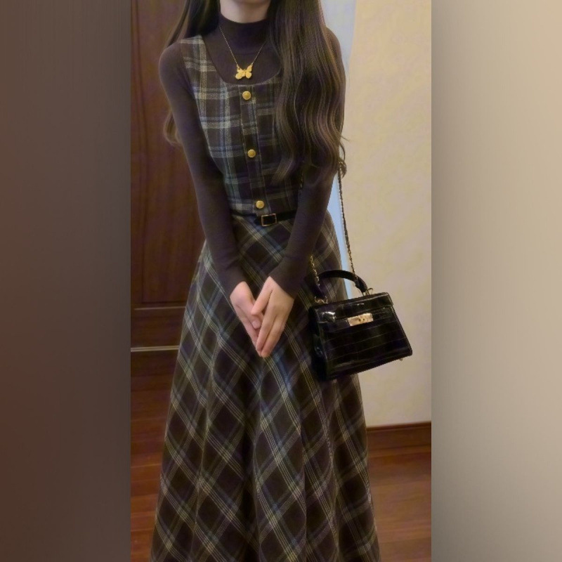 秋冬法式复古针织衫打底毛衣毛呢格子马甲格纹高腰半身裙三件套女|undefined