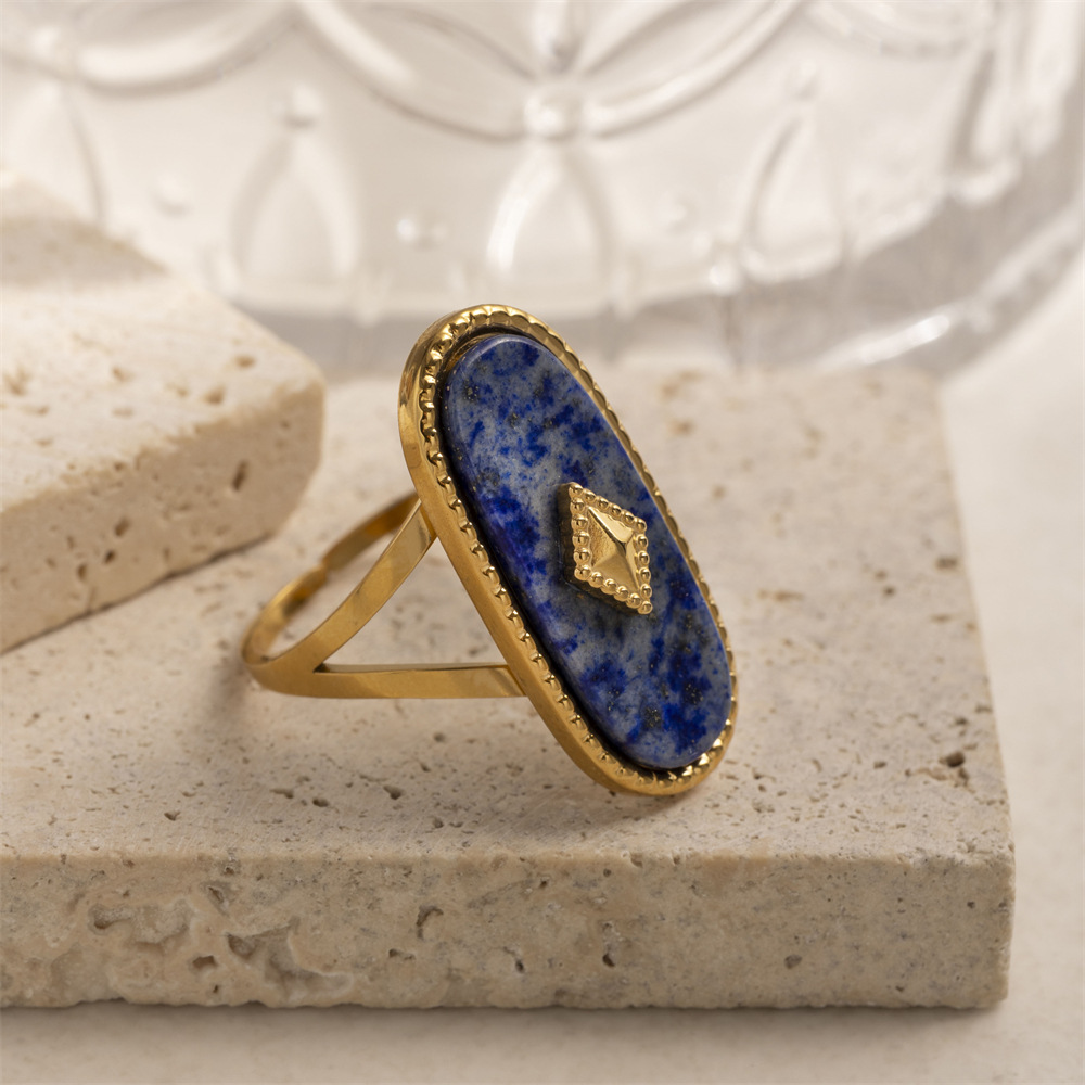 Anillo de acero inoxidable europeo y americano de Tena, acero de titanio, anillo cerrado de labslázuli natural que no se desvanece, diseño de nicho femenino transfronterizo