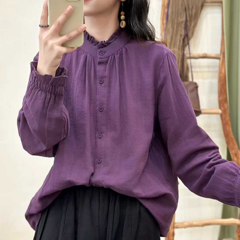 Double-Layer Cotton Gauze Solid Color Long-Sleeve Shirt, Women's Artistic Lace Stand-Collar Shirt, Single-Breasted Layered Long-Sleeve Shirt Double-Layer Cotton Gauze Solid Color Long-Sleeve Shirt, Women's Artistic Lace Stand-Collar Shirt, Single-Breasted Layered Long-Sleeve Shirt