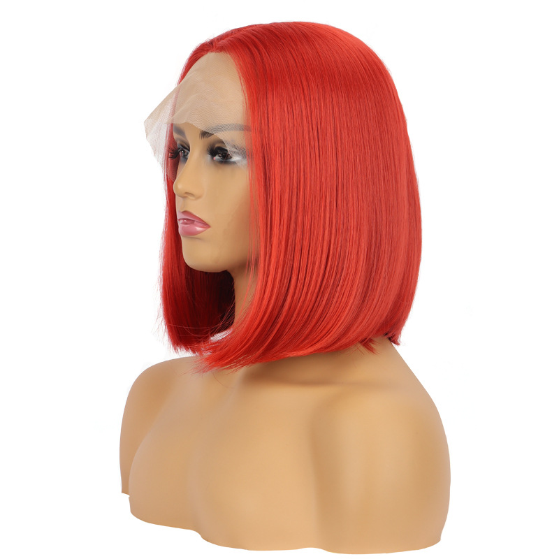 Wig European and American Style Lace Front Bob Red Wigs Women's Short Straight Hair Synthetic Fiber Fashionable Long Straight Hair