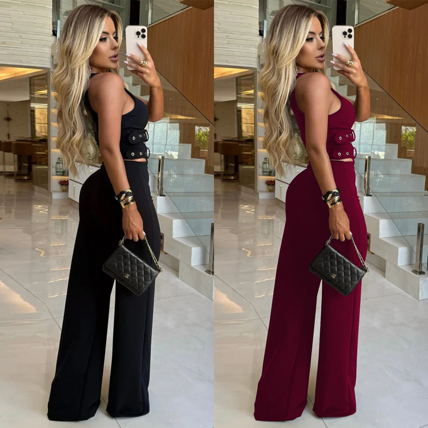 C7499 Aliexpress transfronterizo Amazon ropa de moda europea y americana de mujer cuello en v decoración cinturón de abrazadera pantalón conjunto