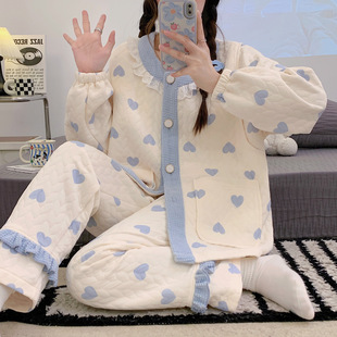 Maternity clothes 2024 autumn and winter New sandwich air cotton pregnant women nursing pajamas pregnant women pajamas suit