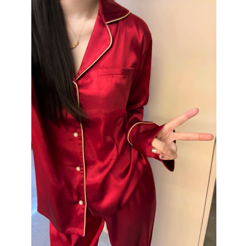 High-grade Pearl Buckle Ice Silk Pajamas Women's Spring and Autumn 2025 New Festive Red Home Clothes Long Sleeve Pants suit