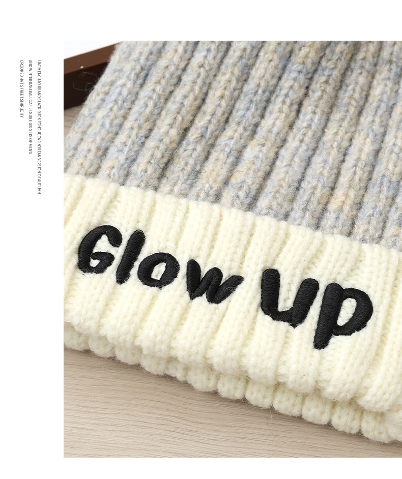 Gorro de lana de punto con bordado de letras inglesas, versátil, bonito y cálido, ideal para otoño e invierno. Con pompón. Estilo coreano._voghion.com