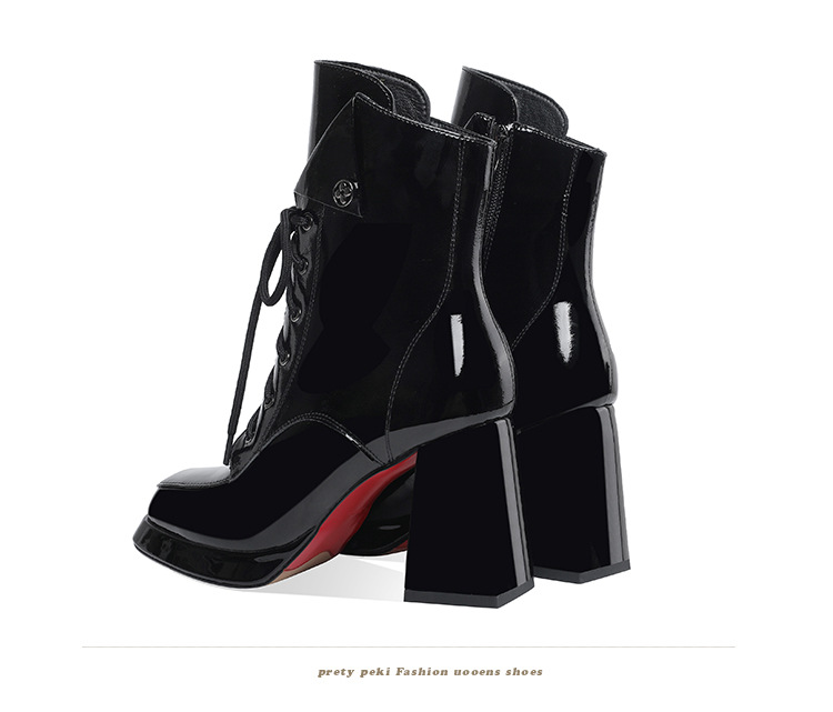 Boot nữ cổ thấp dây buộc khóa kéo gót vuông 9 cm da bóng — Lót nhung đen chi tiết 16