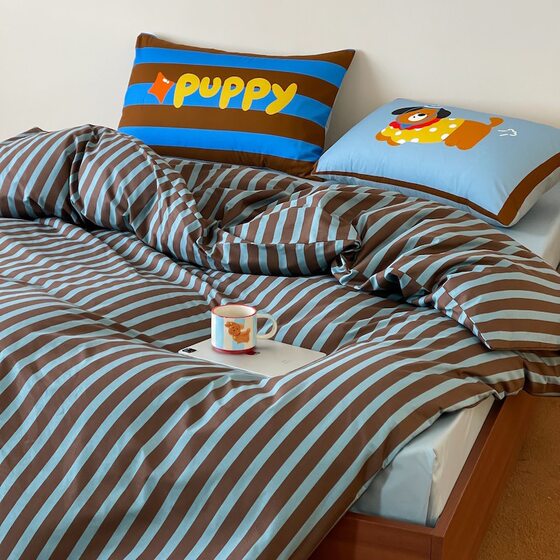 Ins Dopamine Striped Cartoon Puppy Cotton Four-piece Set Cotton Quilt Cover Bed Sheet Bedding Three-piece Set