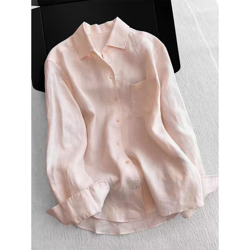 Áo sơ mi nữ linen dài tay thoáng khí chống nắng xuân hè — Mật đào bột