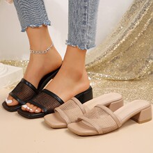 高跟拖鞋女大码2024年夏季外贸中跟网面一字型凉拖Slippers Heels