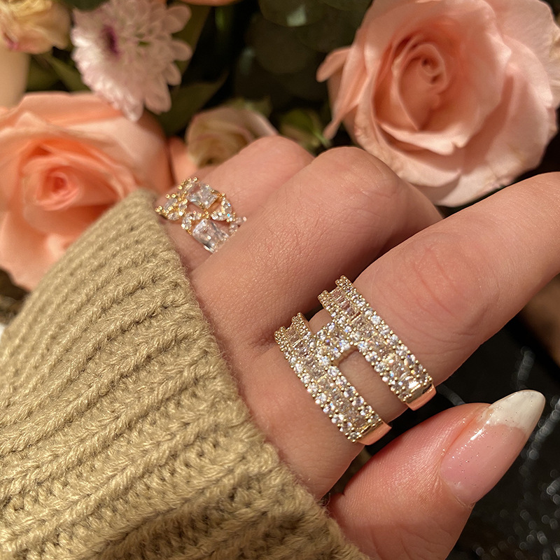 Fashion Letter Copper Inlay Zircon Womenu0027S Rings Earrings Necklace