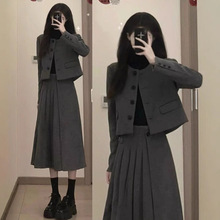 美式复古灰色学院风毛呢西装百褶裙套装女秋冬季加厚小香风两件套