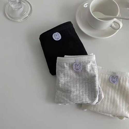 Cute Bunny Simple solid color black and white gray underwear for women pure cotton hemmed threaded mid-waist cotton briefs for girls