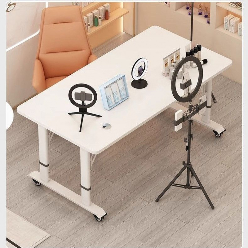 Modern influencer-style display table, designed for live streaming, featuring a double gaming desk with adjustable height and a movable computer desk for office use