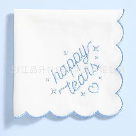 Foreign Trade Bridal Handkerchief Something Blue All-Cotton Soft Embroidered Wavy Edge Handkerchief Source Factory