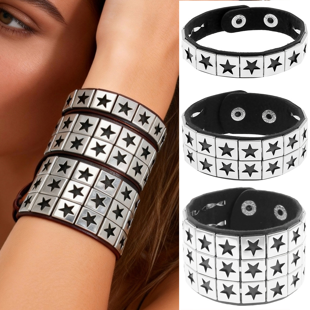Eco-Friendly Pu Leather European and American Fashion Punk Style Street Style Square Five-Pointed Star Studded Bracelet Couple Bracelet Set