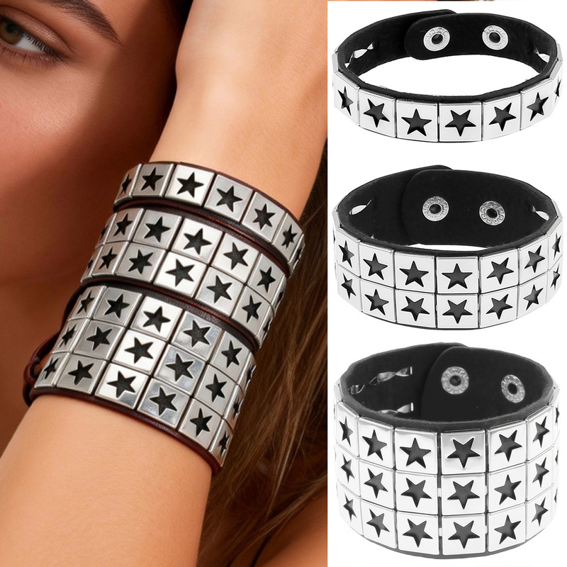 Eco-Friendly Pu Leather European and American Fashion Punk Style Street Style Square Five-Pointed Star Studded Bracelet Couple Bracelet Set Eco-Friendly Pu Leather European and American Fashion Punk Style Street Style Square Five-Pointed Star Studded Bracelet Couple Bracelet Set