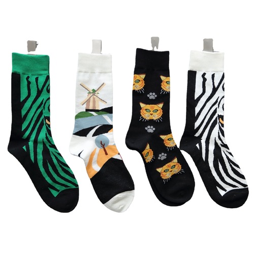 Original left and right foot AB socks for women, couple socks, kitten zebra print, personalized asymmetrical ins trendy mid-calf men's socks