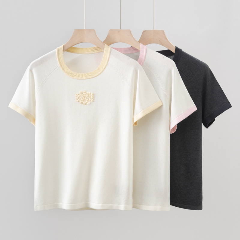 Bar26 Spring and Summer New Wool Tencel Round Neck Three-Dimensional Pattern Knit Short-Sleeve Thin Color-Blocking Casual Versatile Top
