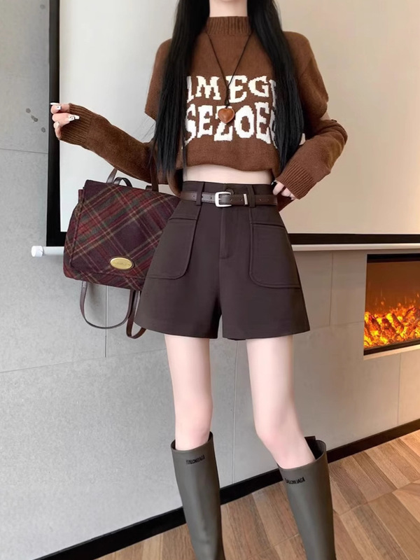 Workwear Woolen Shorts for Women, Autumn and Winter High-Waisted Slim Casual Wide-Leg Pants, 2025 New Petite Leggings Boot Shorts