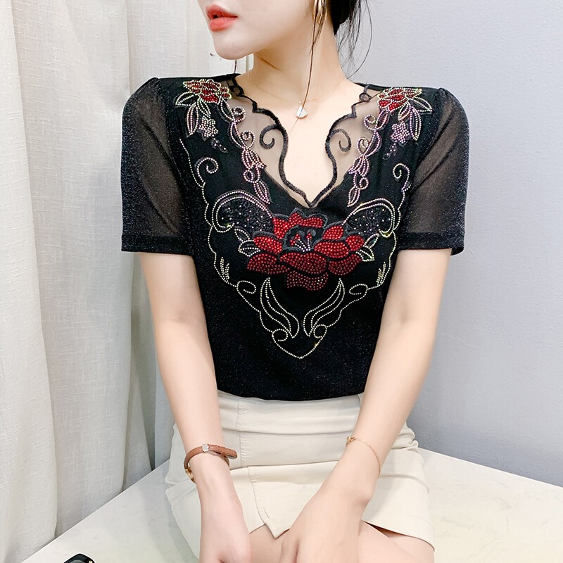 Real Shot 2025 Summer New Hot Drilling Lace Stitching Mesh Short Sleeve Slim-fit Slimming Design Sense Small Shirt for Women