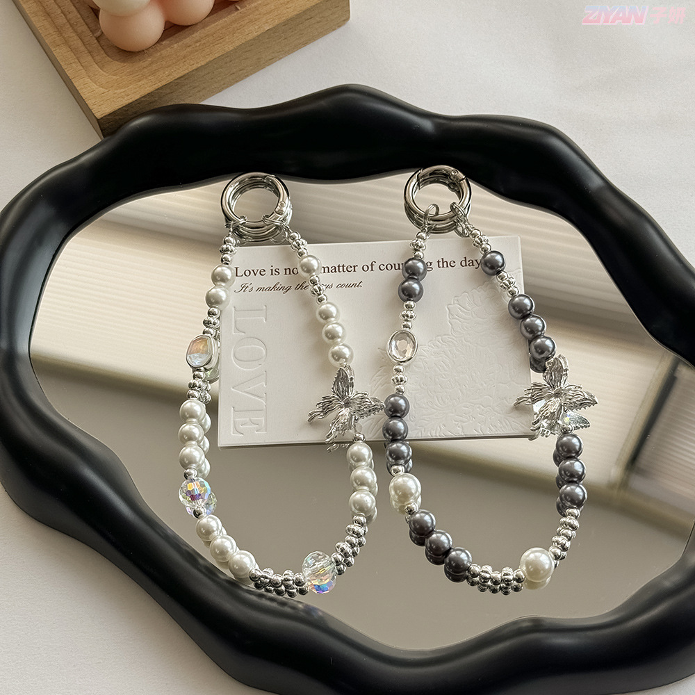 Light Luxury Baroque Style Faux Glass Pearl Beaded Crystal Ins Mobile Phone Chain Handmade DIY Alloy Key Hanging Decoration