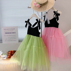 Girls' Summer Han Style Lace Splice Full Skirt Children's Net Dress with Shoulder Straps
